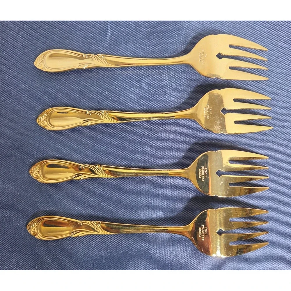 Vintage Excel Stainless Korea Symphony Gold Plated Salad/Desert Fork Set of 4
